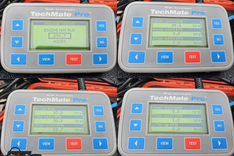 Slide: The Image of TechMate Pro displays engine hours and RPM data for 2012 Tahoe Pontoon Vision - 25'. - 74