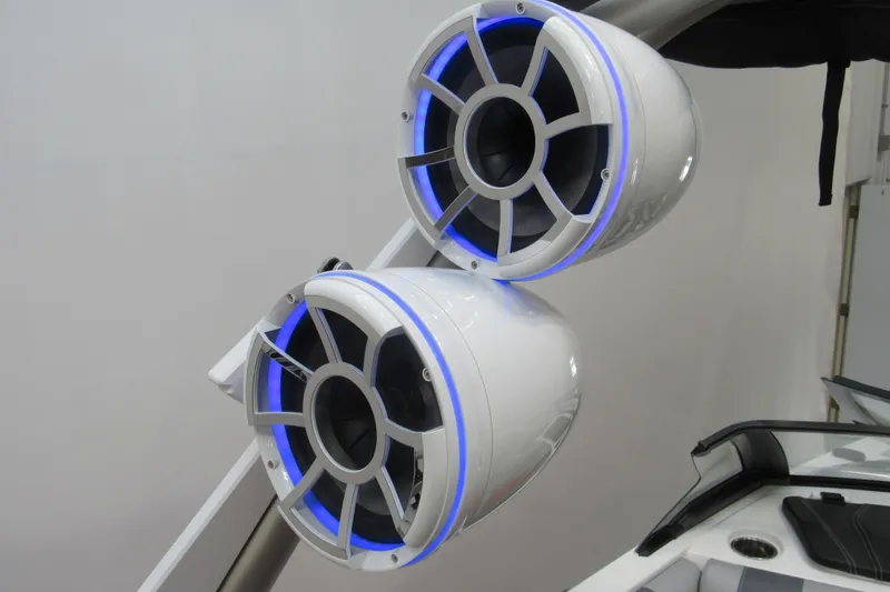 Slide: The Image of 2021 Malibu Wakesetter 21 VLX boat speakers with blue LED lighting. - 10