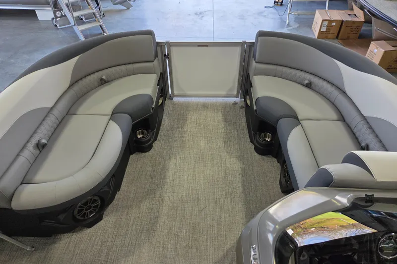 Slide: The Image of 2026 Avalon LSZ 2185 Cruise Rear Bench with gray seating and cup holders. - 4