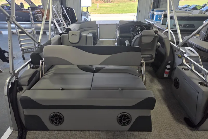 Slide: The Image of 2026 Avalon LSZ 2185 Cruise Rear Bench boat interior with gray seating and modern design. - 7