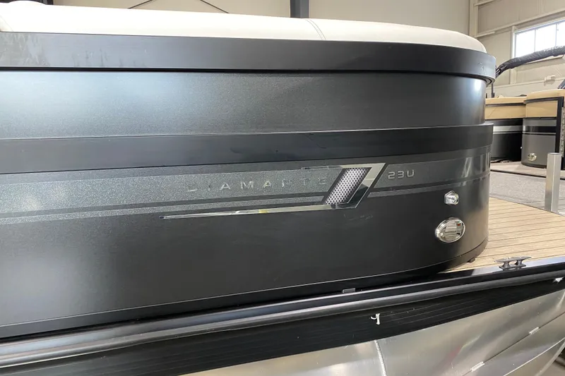 Slide: The Image of 2023 Viaggio Diamante 23 U pontoon boat, sleek black exterior detail. - 10