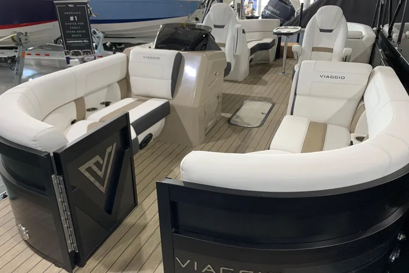 Slide: The Image of Luxurious interior of 2023 Viaggio Diamante 23 U pontoon boat with plush seating. - 5