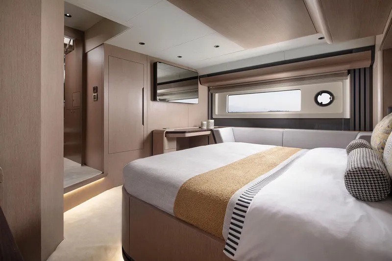 Slide: The Image of Luxurious interior of 2025 Sirena 48 yacht with modern bedroom design. - 18