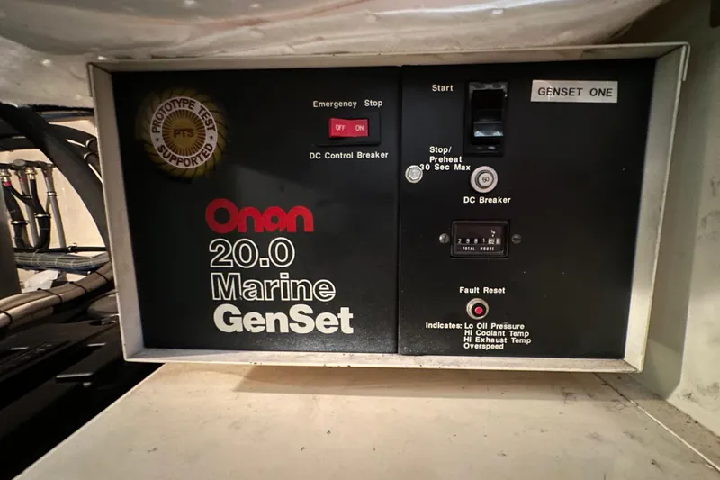 Slide: The Image of Onan 20.0 Marine GenSet control panel on 1992 Hatteras 65 Motor Yacht. - 41