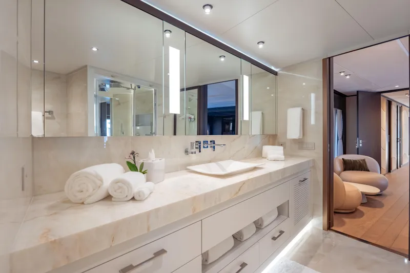 Slide: The Image of Luxurious bathroom in 2025 Hargrave E Series yacht with elegant marble countertop. - 15