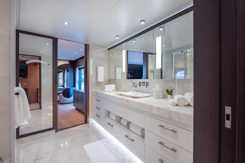 Slide: The Image of Luxurious bathroom in 2025 Hargrave E Series yacht, featuring modern design and elegant fixtures. - 17