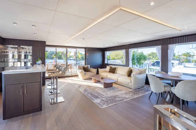 Slide: The Image of Luxurious interior of 2025 Hargrave E Series yacht with modern furnishings and elegant decor. - 27