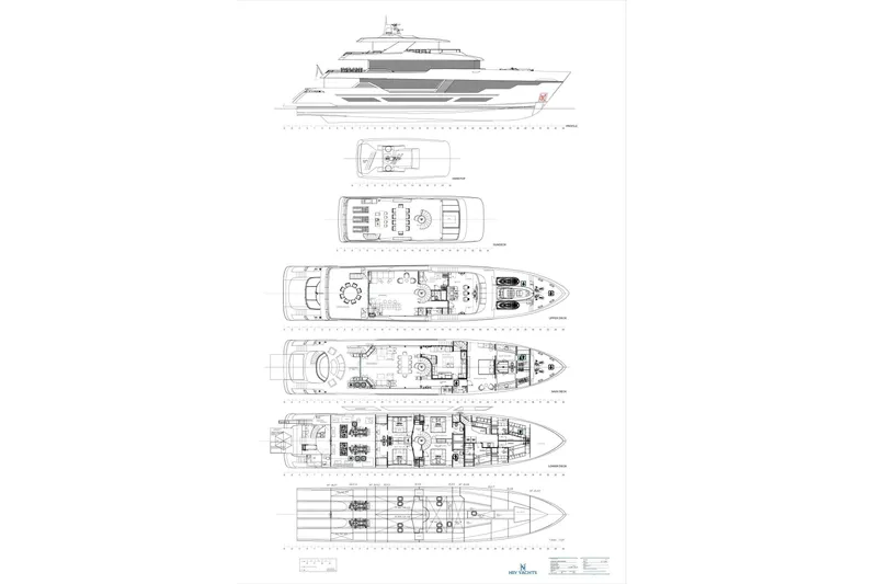 Slide: The Image of Blueprint of 2026 Hargrave E Series yacht, showcasing detailed deck layouts and side profile. - 68