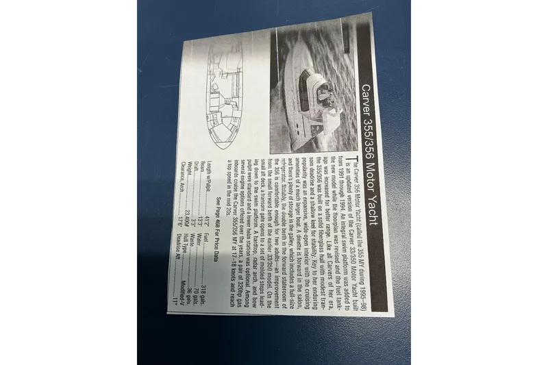 Slide: The Image of 1995 Carver 355 Aft Cabin Motor Yacht brochure with specifications and layout diagram. - 2