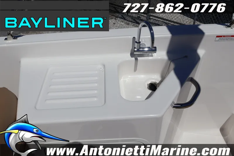 Slide: The Image of Bayliner D22 2026 boat sink and faucet, Antonietti Marine contact details. - 15