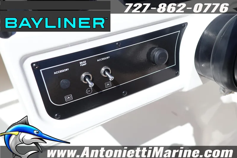 Slide: The Image of Control panel of 2026 Bayliner D22 boat with accessory switches and branding. - 20
