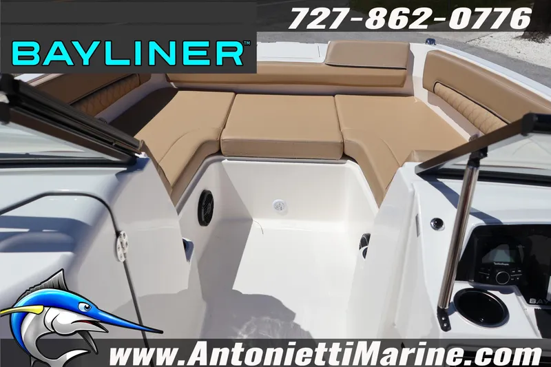 Slide: The Image of 2026 Bayliner D22 boat interior with tan seating, displayed by Antonietti Marine. - 33