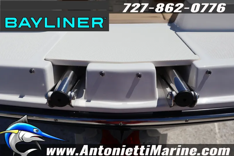 Slide: The Image of Bayliner D22 2026 boat stern with ladder, contact info, and logo. - 8