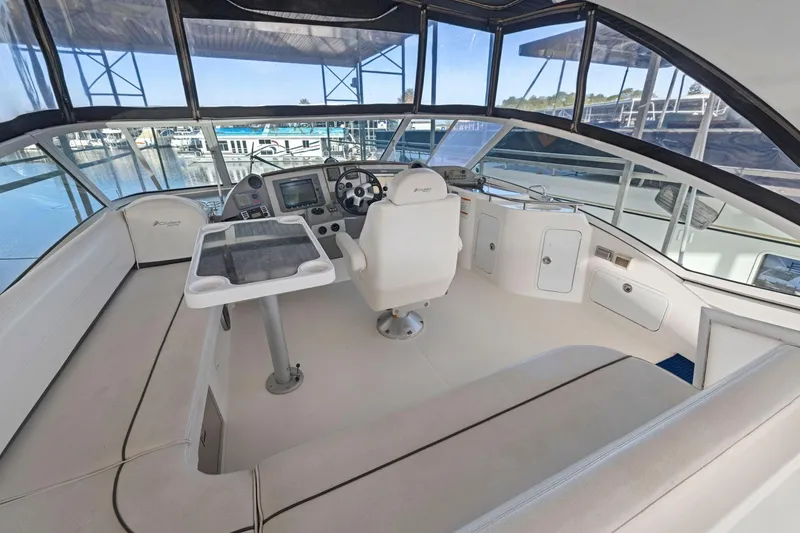 Slide: The Image of 2008 Cruisers Yachts 447 Sport Sedan helm with modern controls and panoramic windows. - 32