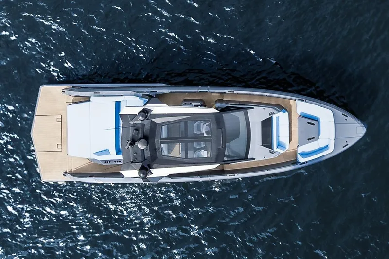 Slide: The Image of Overhead view of 2024 Vanquish Yachts VQ 55 on water. - 4