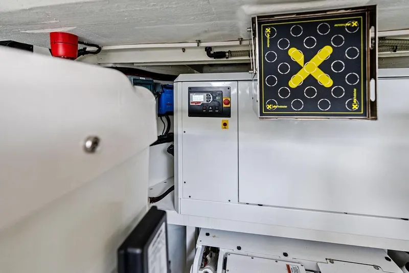 Slide: The Image of Engine room of 2024 Vanquish Yachts VQ55, featuring control panel and safety equipment. - 75