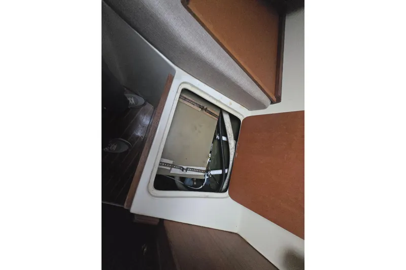 Slide: The Image of Interior view of a 1980 Pearson 365 Sloop sailboat, showing an open hatch. - 43