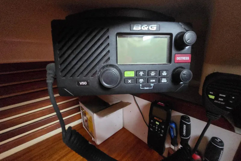 Slide: The Image of VHF radio equipment on a 1980 Pearson 365 Sloop sailboat, featuring B&G V50 model. - 57