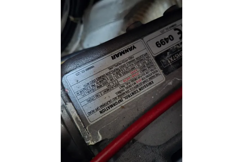 Slide: The Image of Engine label on a 1980 Pearson 365 Sloop, featuring Yanmar specifications. - 60