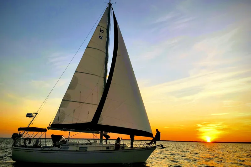 Slide: The Image of 1980 Pearson 365 Sloop sailing at sunset, silhouetted against a colorful sky. - 4