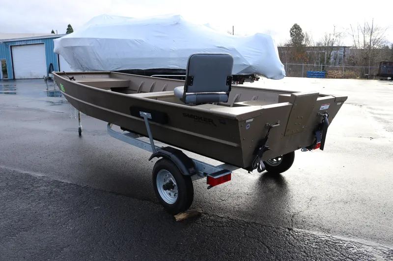 Slide: The Image of 2025 Smoker Craft 1648 Jon boat on trailer in parking lot. - 3