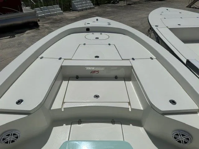 Slide: The Image of Pathfinder 2600 HPS 2025 boat, front deck view, white design. - 24