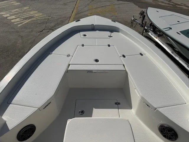 Slide: The Image of 2025 Pathfinder 2200 TRS boat, front deck view, white design. - 27
