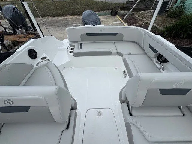 Slide: The Image of Interior of 2026 Hurricane SunDeck 235 OB with gray seating. - 22