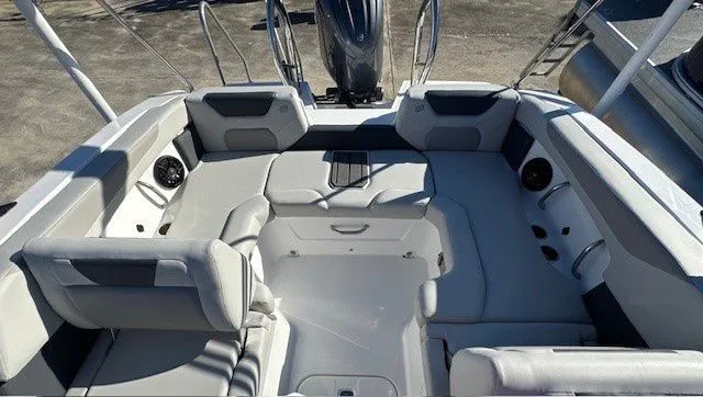 Slide: The Image of Interior of 2026 Hurricane SunDeck 2050 OB with gray upholstery. - 22