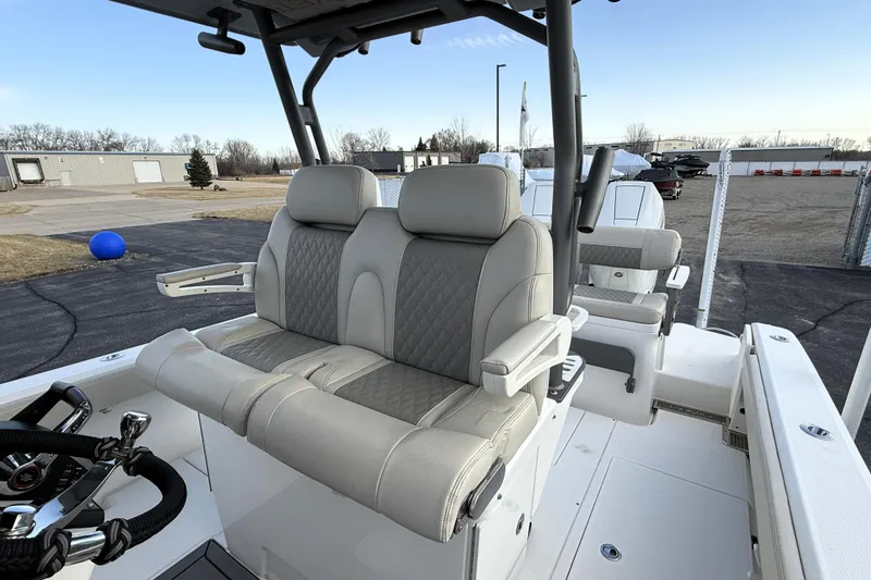 Slide: The Image of 2023 Solace 30 HCS boat interior with luxurious seating and modern design. - 25