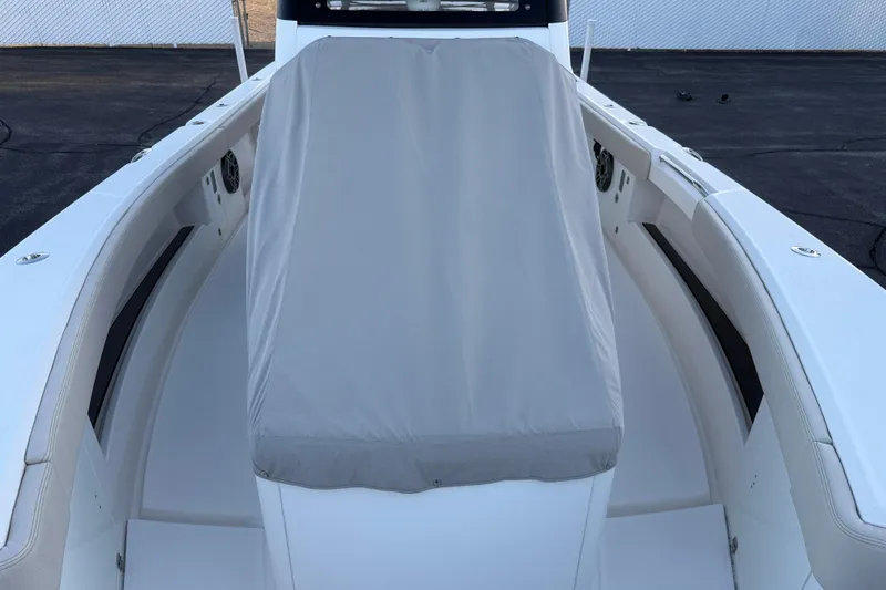 Slide: The Image of 2023 Solace 30 HCS boat interior with covered seating area. - 50