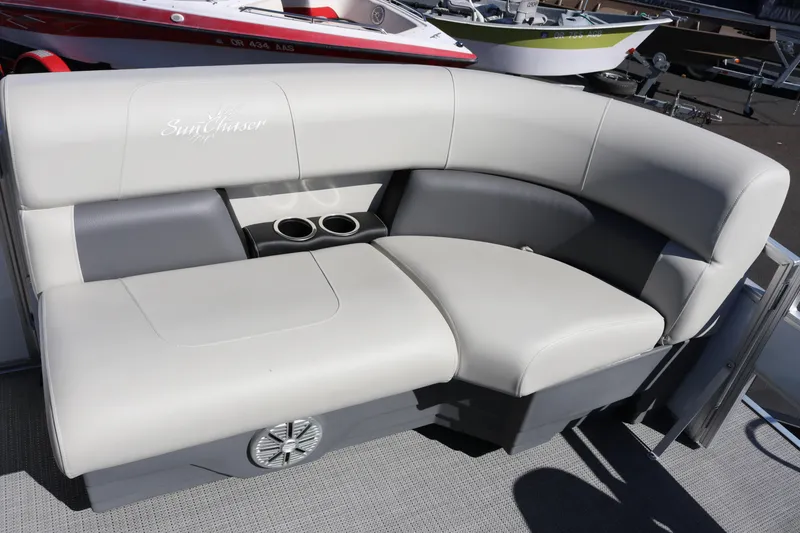 Slide: The Image of 2023 SunChaser Vista 20 Fish boat seating with cup holders and speaker. - 26