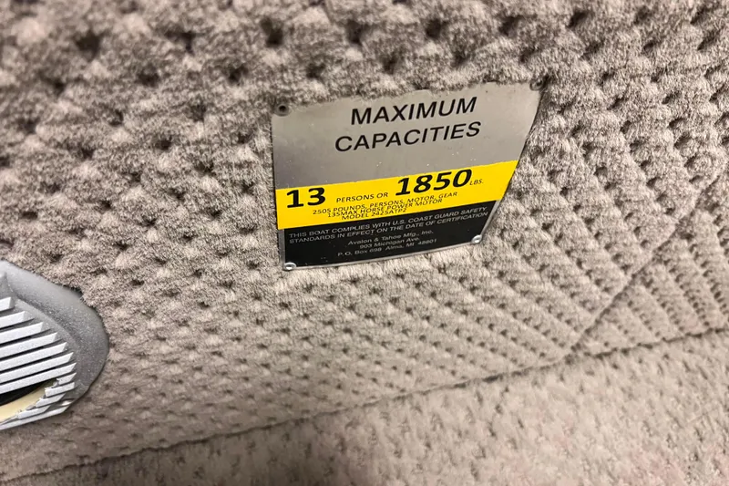 Slide: The Image of 2014 Avalon Grand Island 2485 QF capacity label, 13 persons or 1850 lbs. - 6