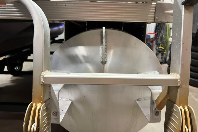 Slide: The Image of 2014 Avalon Grand Island 2485 QF pontoon boat ladder and pontoon detail. - 74