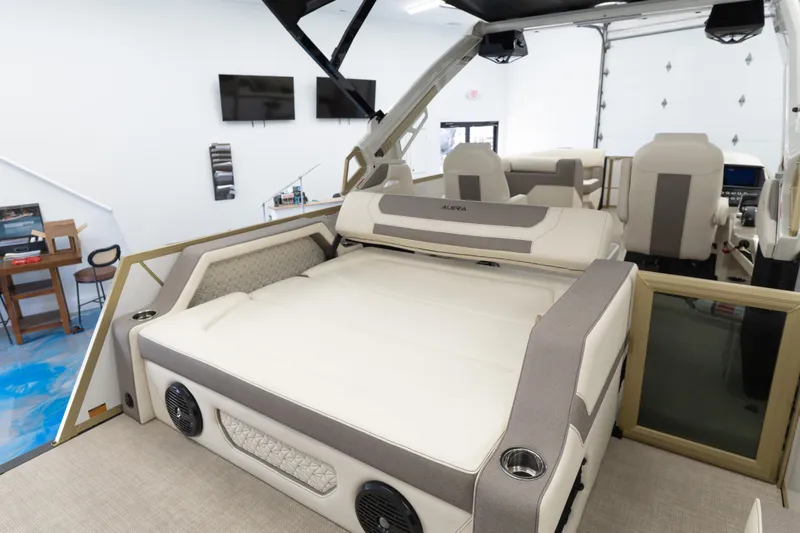 Slide: The Image of Luxurious interior of 2026 Alera M23Q boat with plush seating and modern design. - 16