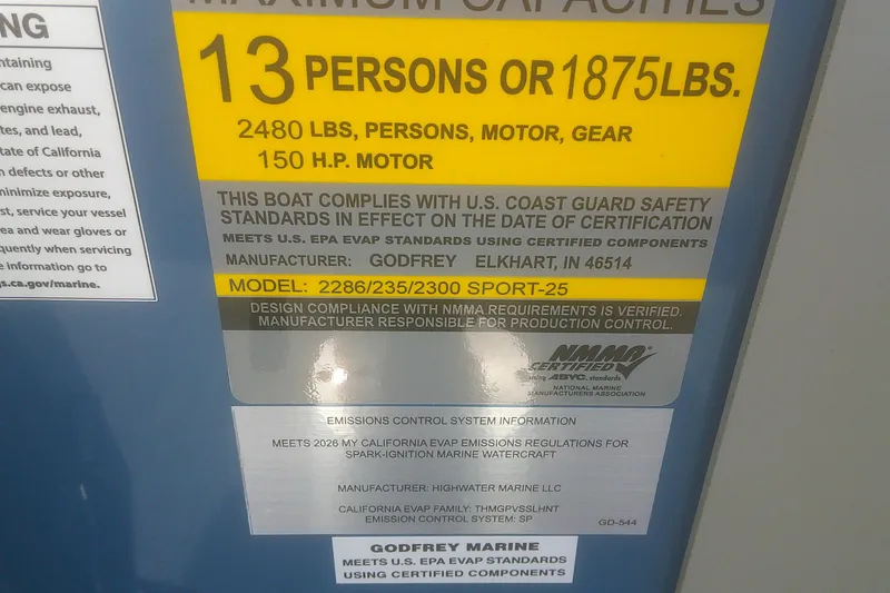 Slide: The Image of Capacity label for Godfrey EX 2286 SBX boat, 2026 model, 13 persons or 1875 lbs. - 10