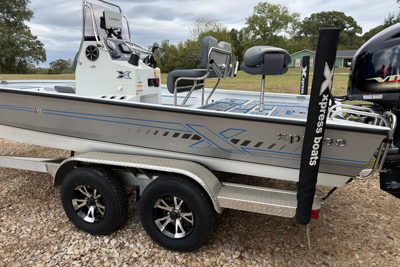 Slide: The Image of 2023 Xpress H22B Bay boat on trailer, featuring sleek design and modern equipment. - 2