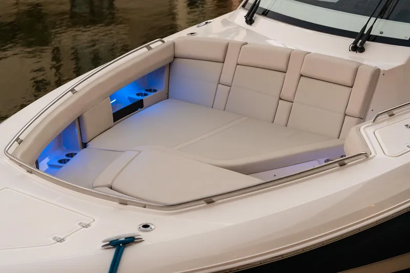 Slide: The Image of Manufacturer Provided Image: 2022 Boston Whaler 380 Realm boat with luxurious seating and blue LED lighting. - 5