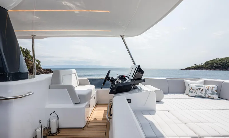 Slide: The Image of Luxurious 2025 Sirena 48 yacht interior with modern helm and seating, overlooking serene ocean view. - 20