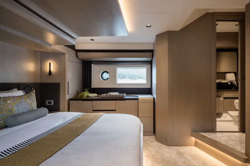 Slide: The Image of Luxurious interior of 2027 Sirena 48 yacht cabin with modern design and elegant furnishings. - 28