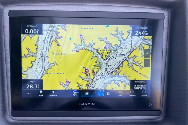 Slide: The Image of Garmin GPS display showing Osage River map on JC Sporttoon 26TT, 2025 model. - 23