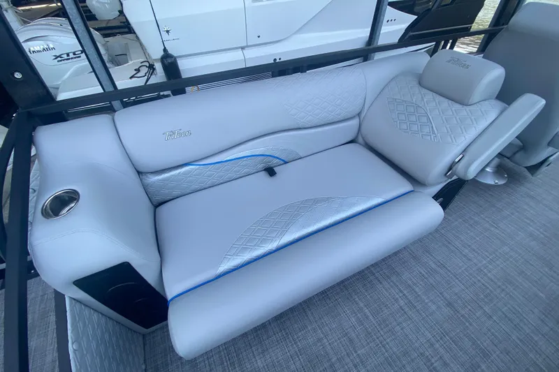 Slide: The Image of Luxurious seating on 2025 JC Sporttoon 26TT boat with diamond-pattern upholstery. - 8