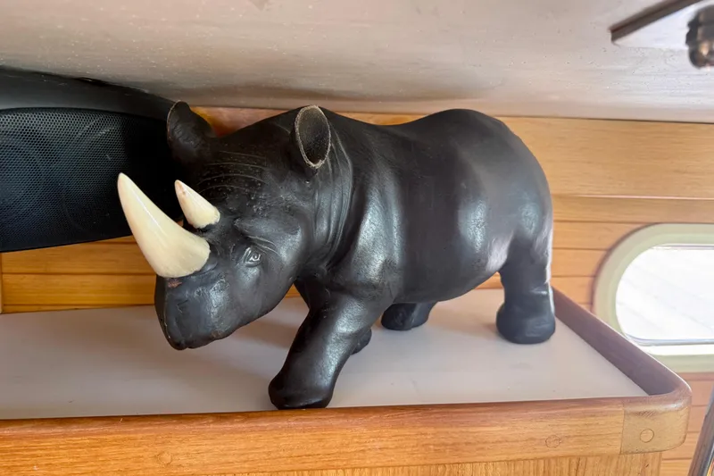 Slide: The Image of Black rhino figurine on wooden shelf inside Catalina 36 MkII, 2000 model. - 37