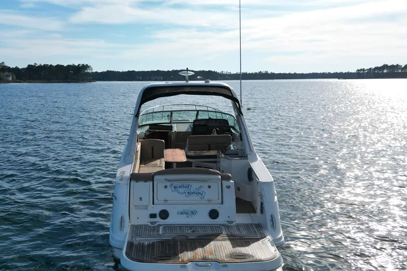 Slide: The Image of 2016 Sea Ray Sundancer 310 yacht on serene water with clear sky background. - 6
