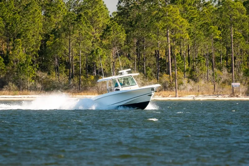 Slide: The Image of 2018 Boston Whaler 380 Outrage cruising on a scenic lake with forested shoreline. - 68