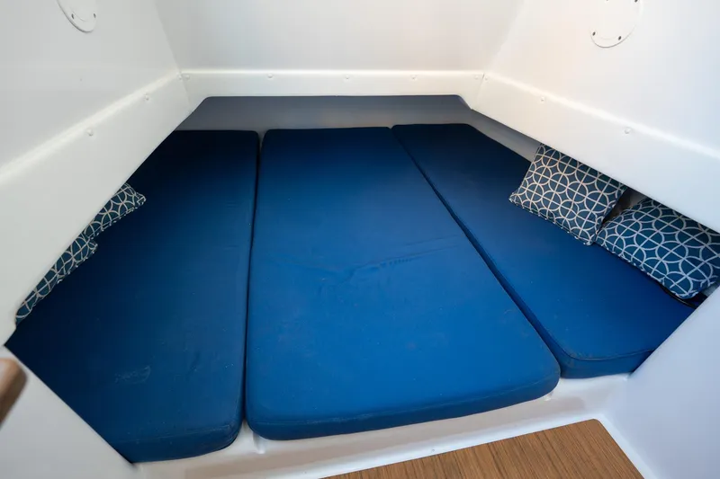 Slide: The Image of Interior cabin of 2016 SeaHunter 45 boat with blue cushions and patterned pillows. - 9