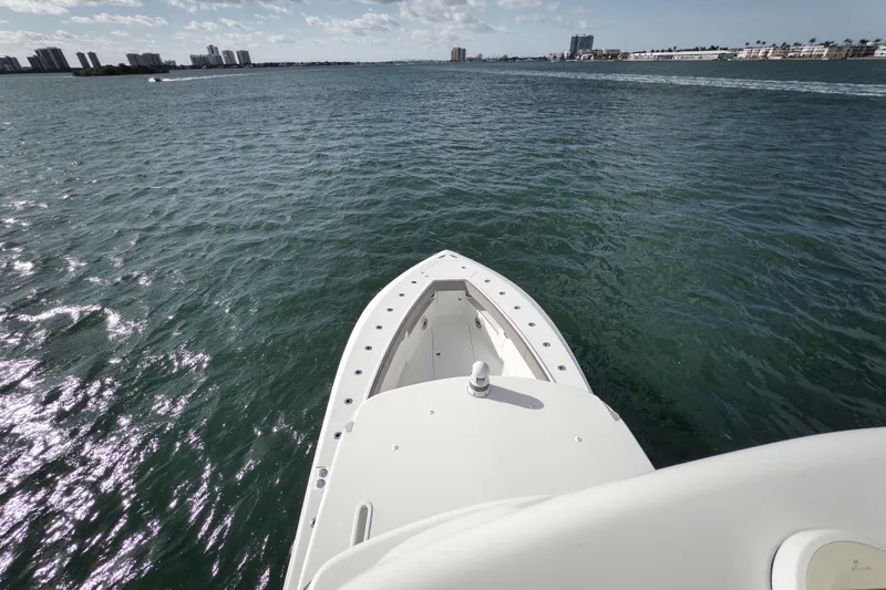 Slide: The Image of Bow view of 2021 SeaVee 390Z boat on open water. - 23
