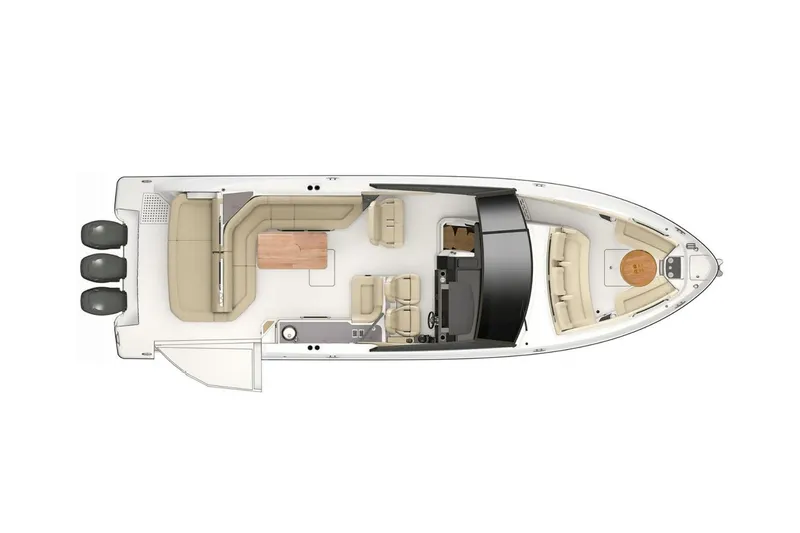 Slide: The Image of Manufacturer Provided Image: Top view of 2023 Sea Ray SLX 400 OB boat layout with triple outboard engines. - 45