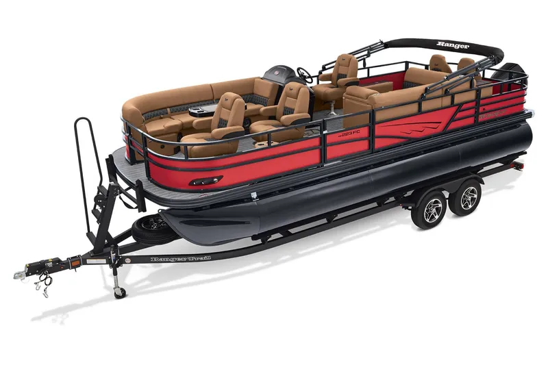 The Image of 2026 Ranger 223FC pontoon boat with canopy, parked on a trailer. - 0