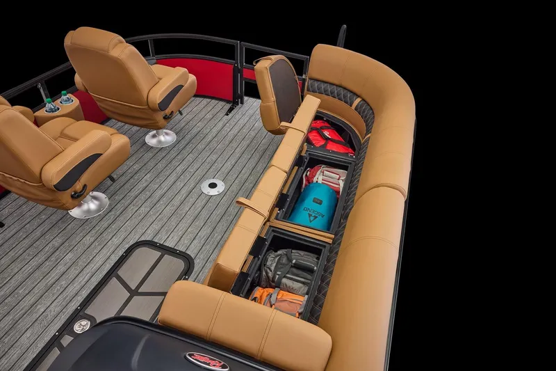 Slide: The Image of 2026 Ranger 223FC boat interior with gray seating and storage compartment open. - 7
